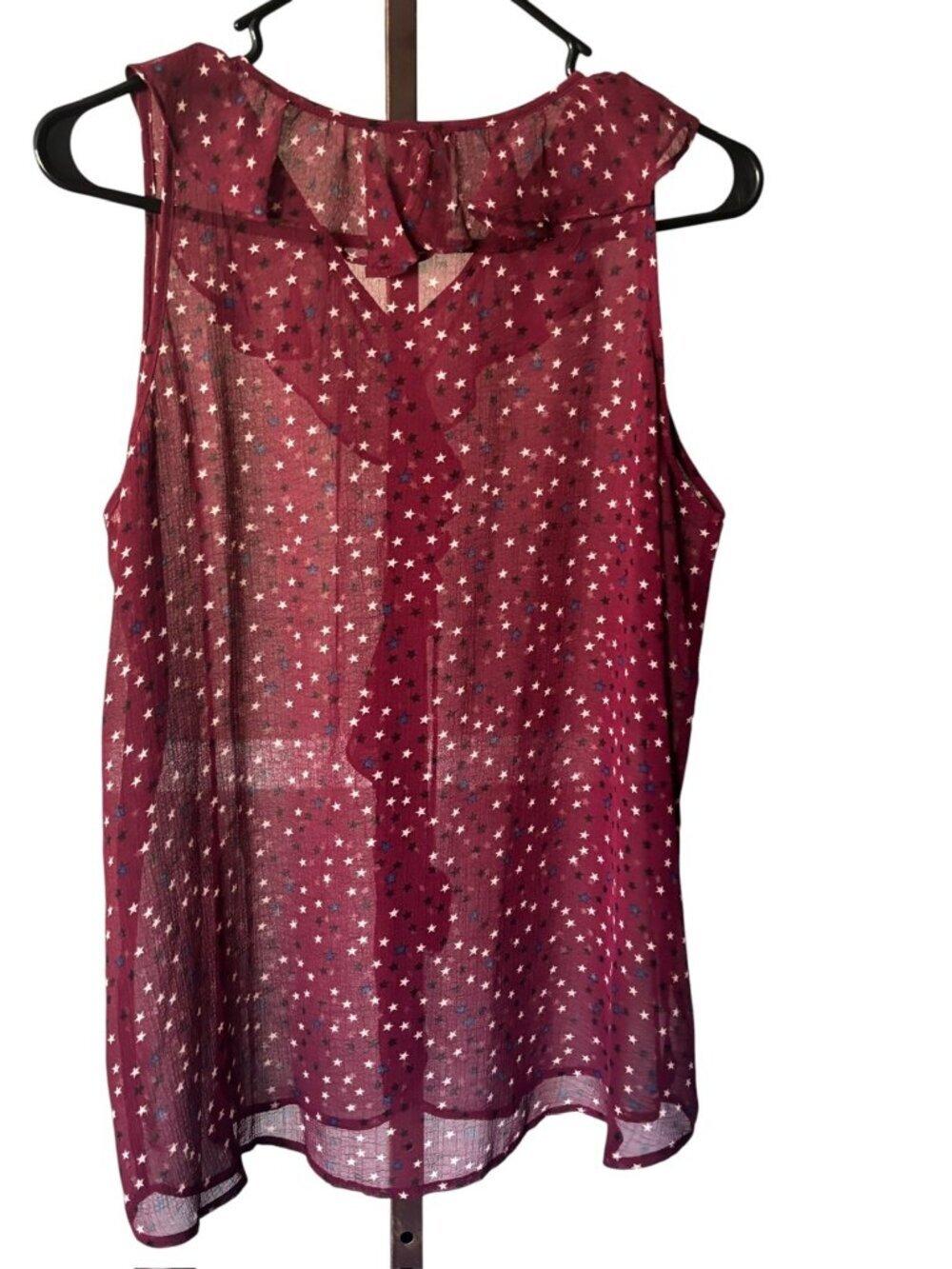 No Boundaries Women’s Burgundy Multicolored Star Pattern Sheer Top - Picture 3 of 6